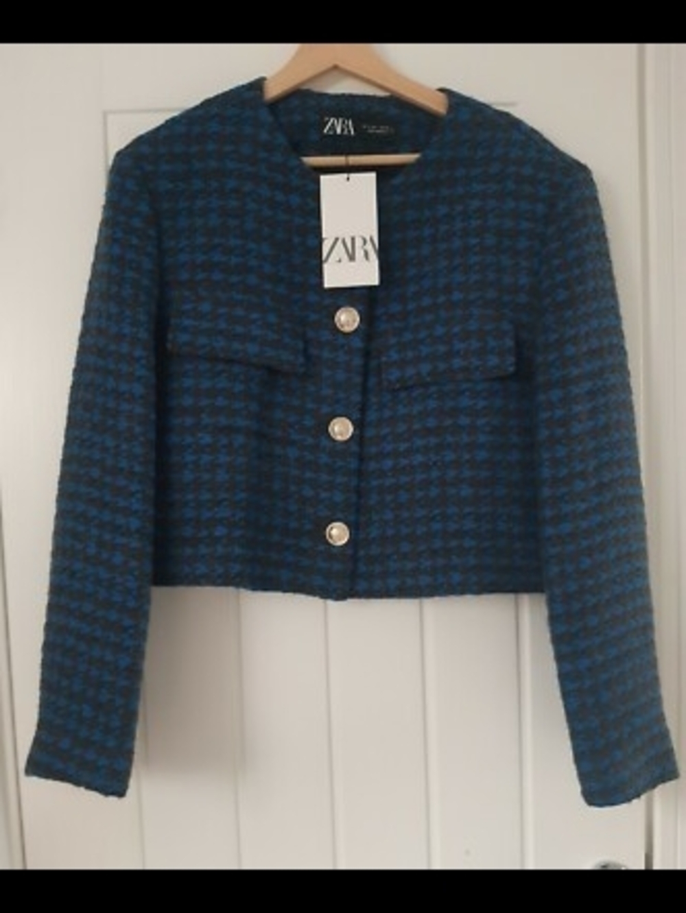 Zara Blue and Black Houndstooth Cropped Blazer